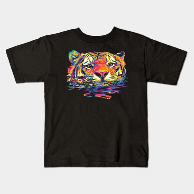 Rainbow Swimming Tiger Kids T-Shirt by polliadesign